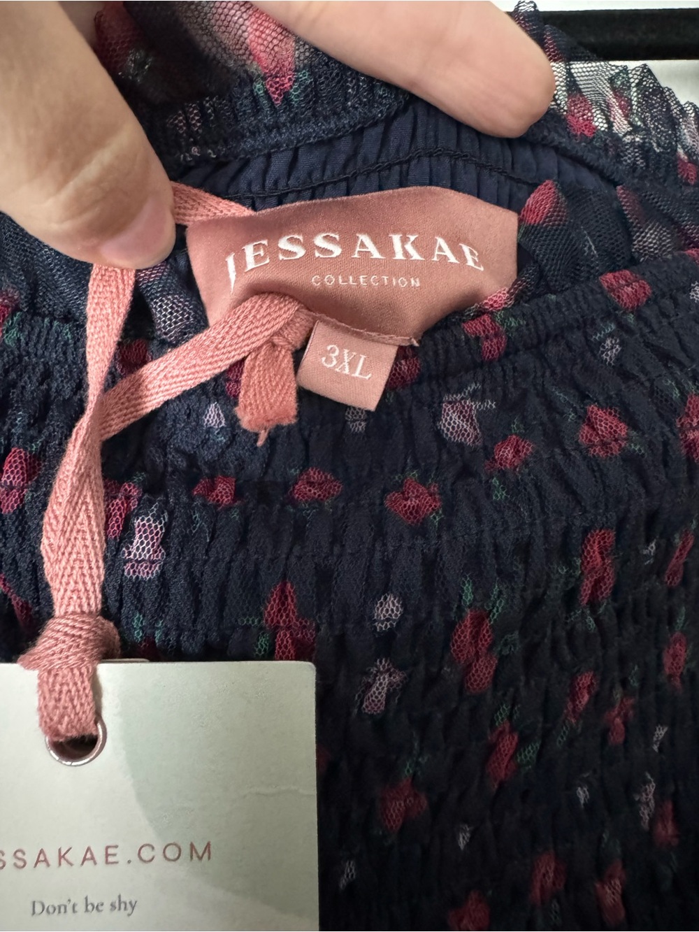 NWT JessaKae Navy Blue Smocked Floral Square-Neck Tunic with Pink Print - Picture 3 of 7